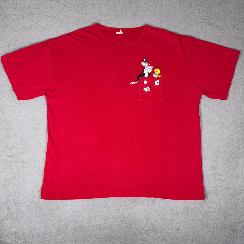 Vintage 90s Looney Tunes Sylvester Tweety Bird Embroidered Pocket T Shirt Red XL